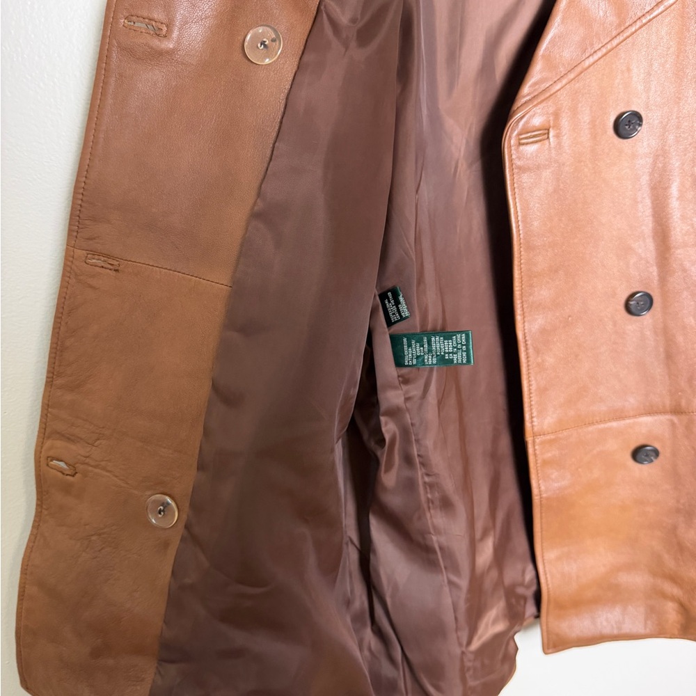 RARE ralph lauren 100% leather field coat workwear double breasted jacket sz 12 - Picture 7 of 10